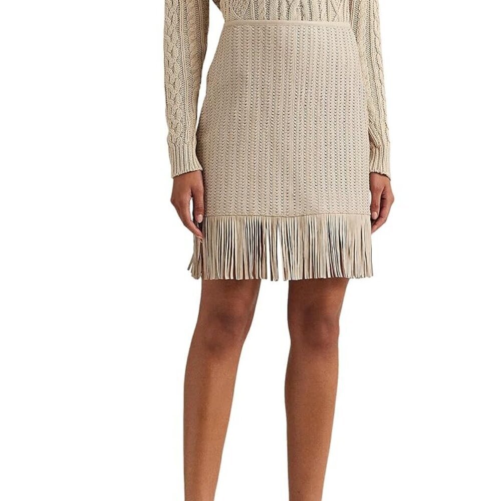 Ralph Lauren Woven Leather Skirt Women's Size 16 Beige Fringe Trim Lined